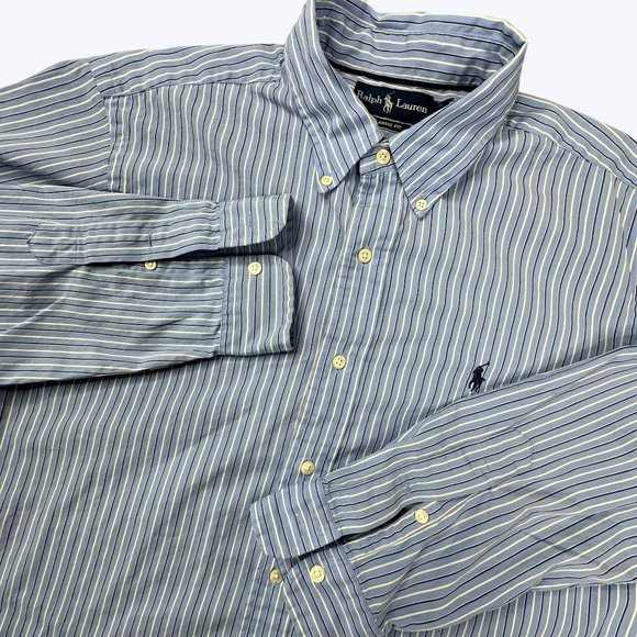 Ralph Lauren Men's Button Front Long Sleeve Shirt Pin Stripe Large Blue and Whit - Picture 1 of 9